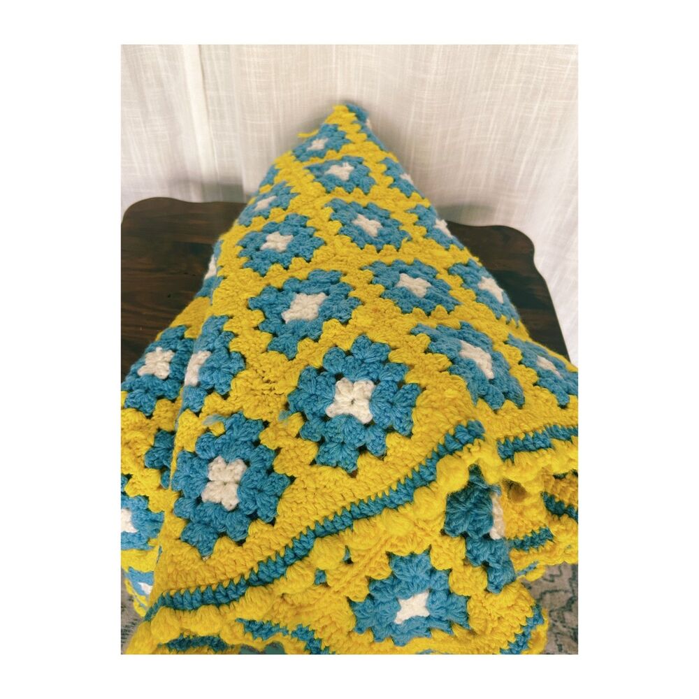 Vintage 1970s Crochet Granny Square Baby Blanket Handmade Yellow Blue White